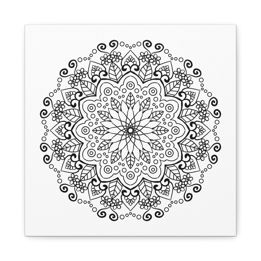 Handmade Mandala Art featuring a black and white design on matte canvas, stretched to 125 inches
