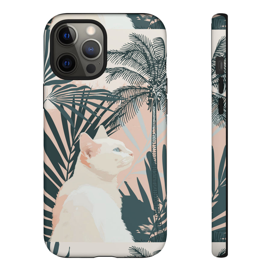 Tropical Cat Phone Case with Lush Palm Motifs and Soft Pastels
