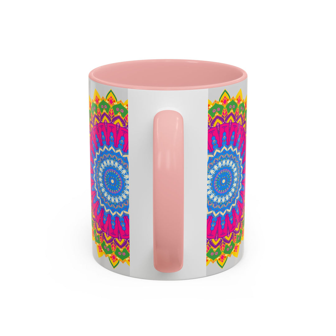 A vibrant and eye-catching mandala art mug featuring a colorful geometric design