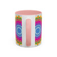 A vibrant and eye-catching mandala art mug featuring a colorful geometric design