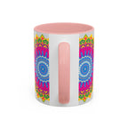 A vibrant and eye-catching mandala art mug featuring a colorful geometric design