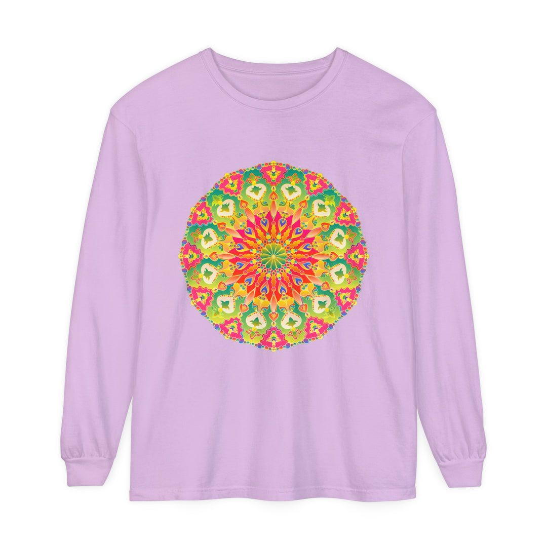 A detailed, colorful long sleeve t-shirt featuring an intricate mandala design