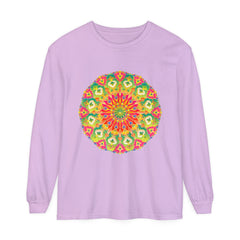 A detailed, colorful long sleeve t-shirt featuring an intricate mandala design