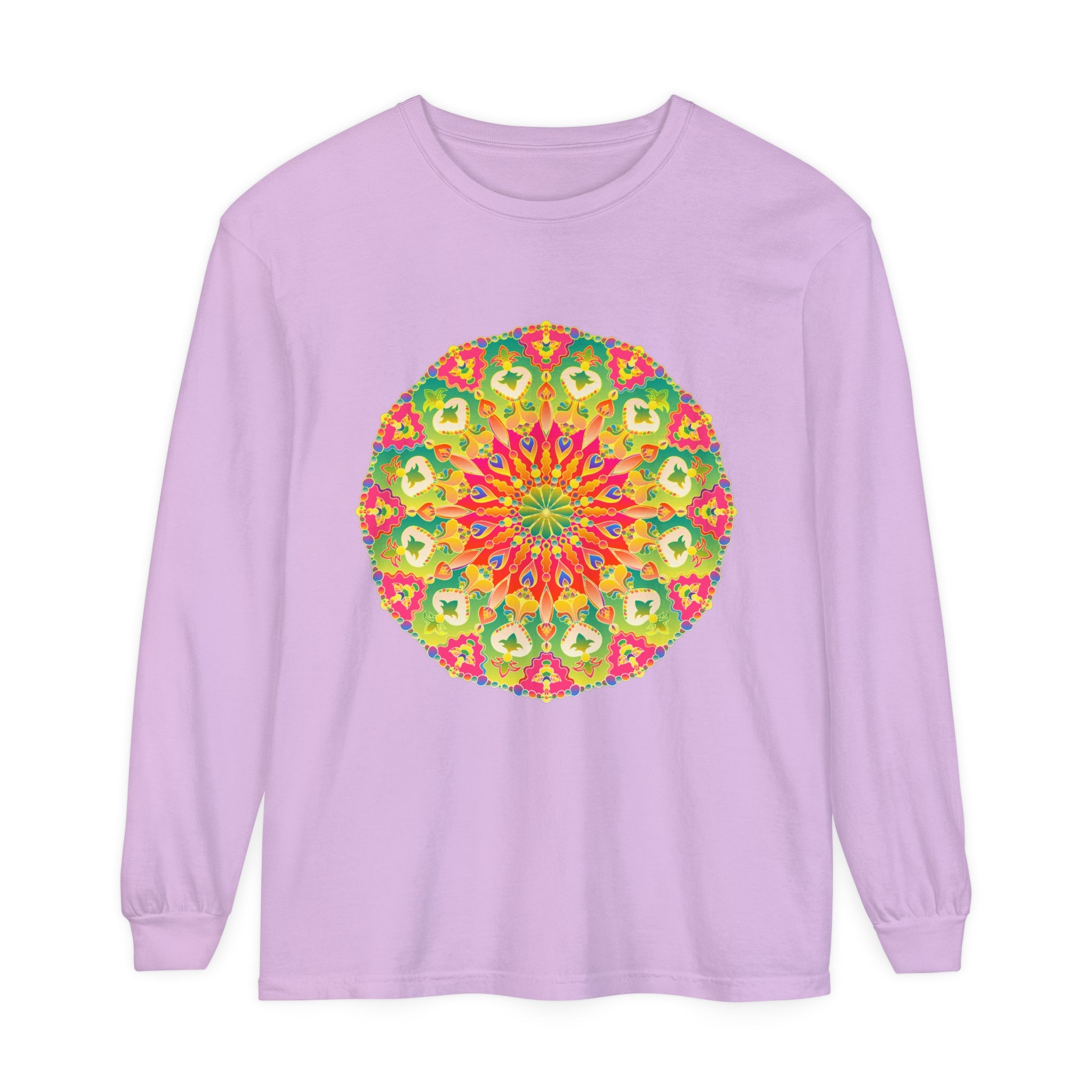A detailed, colorful long sleeve t-shirt featuring an intricate mandala design