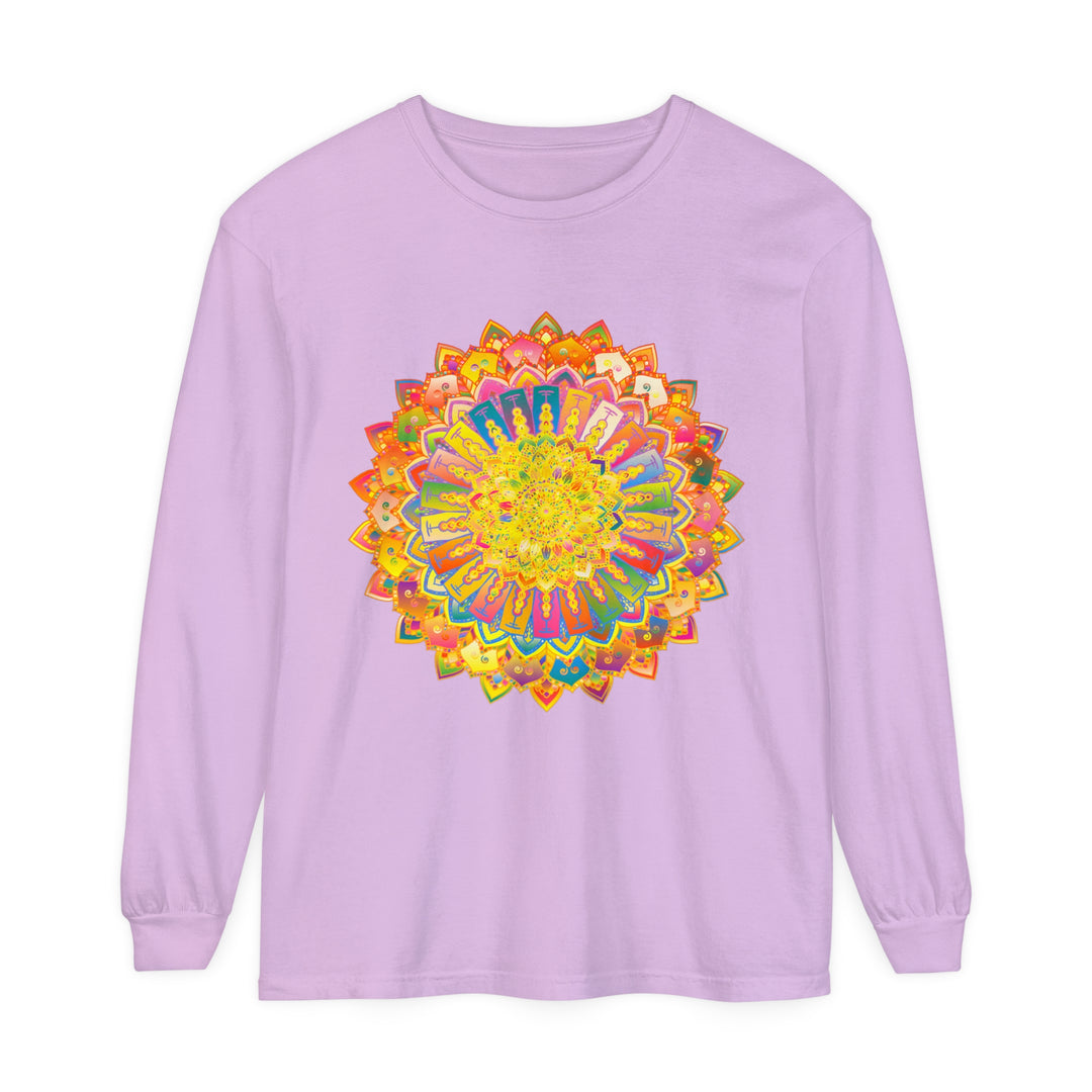 A detailed, hand-drawn mandala design on a unisex long sleeve t-shirt