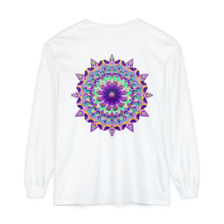 Vibrant and colorful mandala design on a long sleeve t-shirt