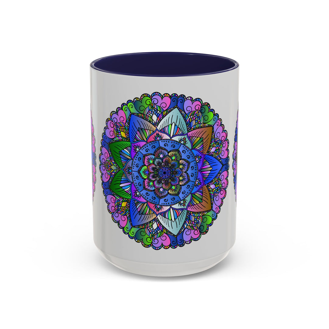 A vibrant and intricate mandala design adorns a ceramic mug, creating a peaceful and colorful piece of art