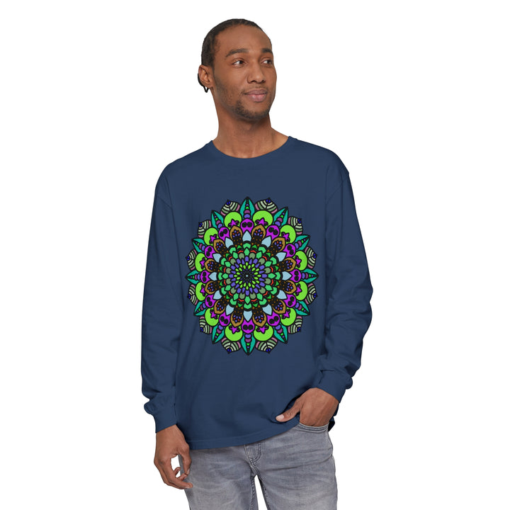 Colorful and intricate psychedelic mandala design on unisex long sleeve t-shirt