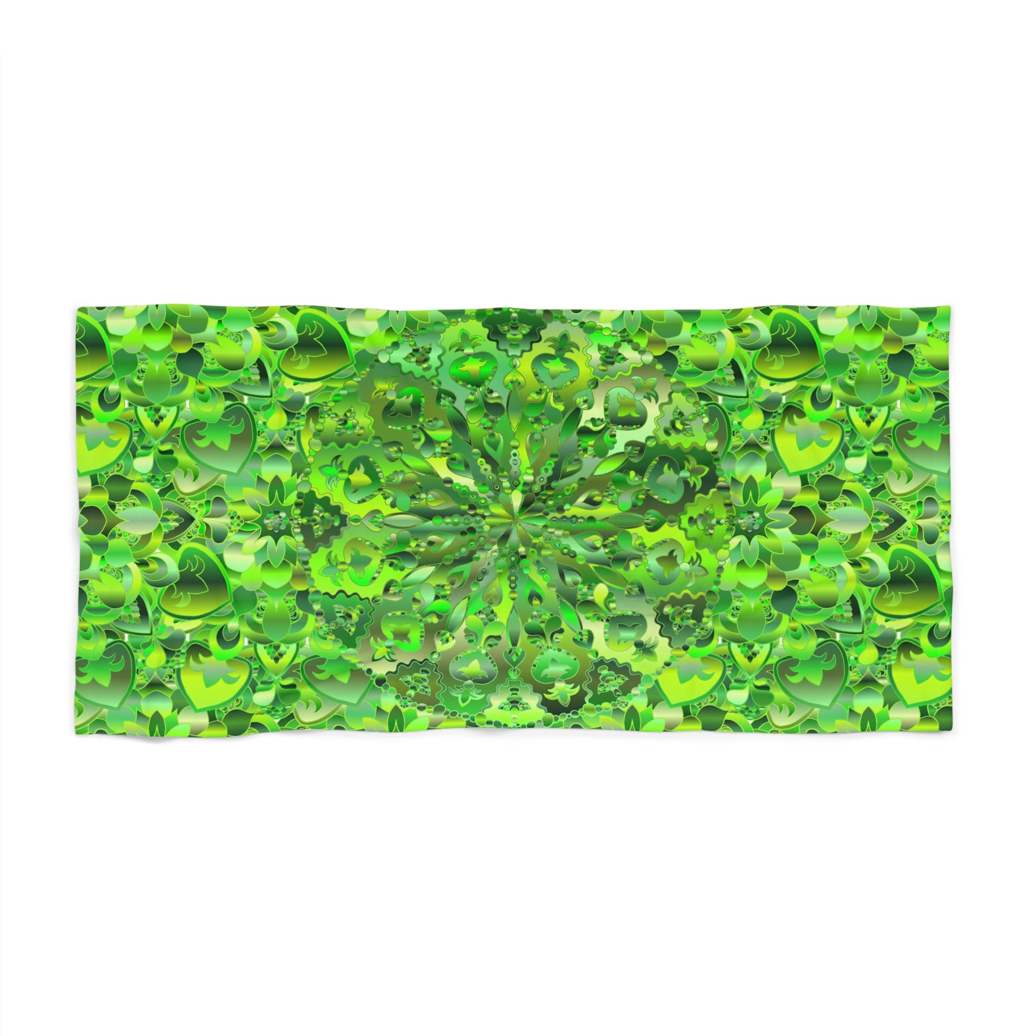 Green Shades Kaleidoscope Beach Towel — Vibrant Green Mandala Design