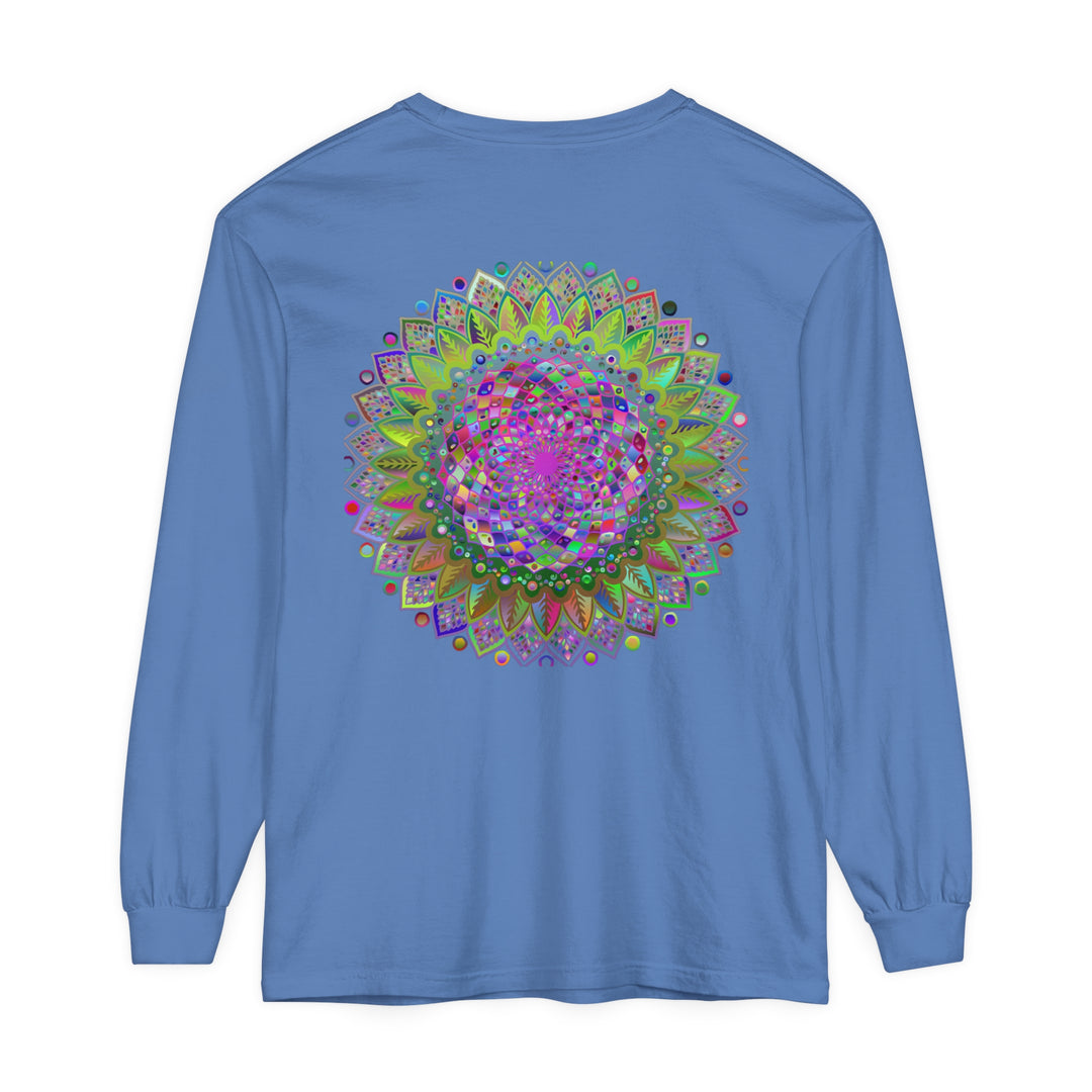 Colorful and intricate mandala design on a unisex long sleeve t-shirt