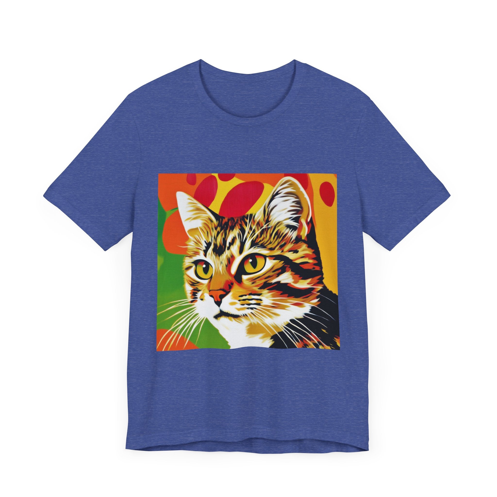 A colorful and vibrant short sleeve tee featuring a pop art style illustration of a tabby cat