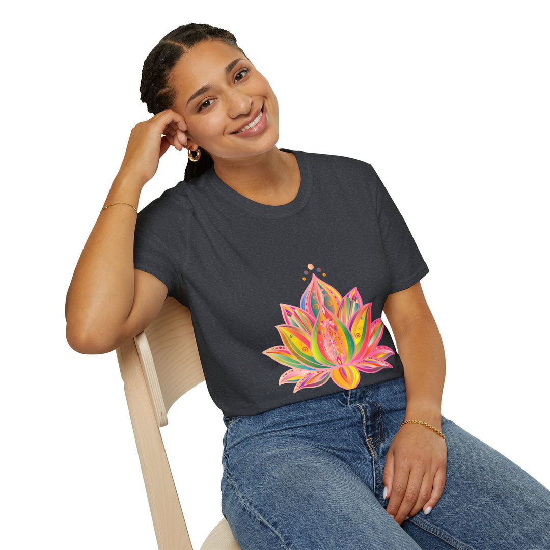 Lotus Mandala Unisex T-shirt with a hand-drawn unique design in blue and lilac colors