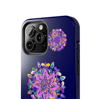 Hand drawn mandala art phone case in purple shades, known for its durability and shock absorbent features, perfect for protecting your device in style
