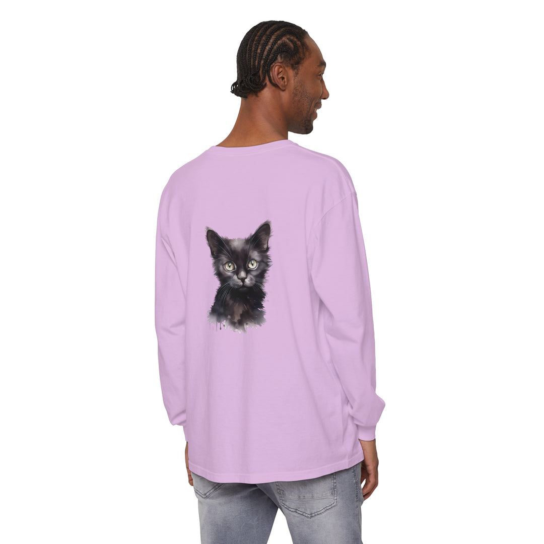 Black Cat Watercolor Long Sleeve T-Shirt: a stylish black tee featuring a watercolor design of a cat, perfect for cat lovers and animal enthusiasts