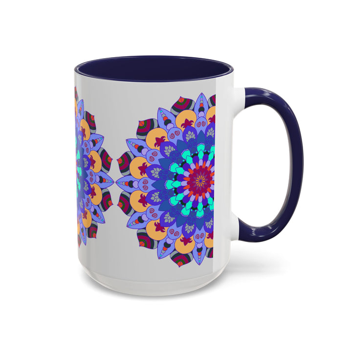 A beautifully designed ceramic mug featuring a colorful and symmetrical mandala art pattern