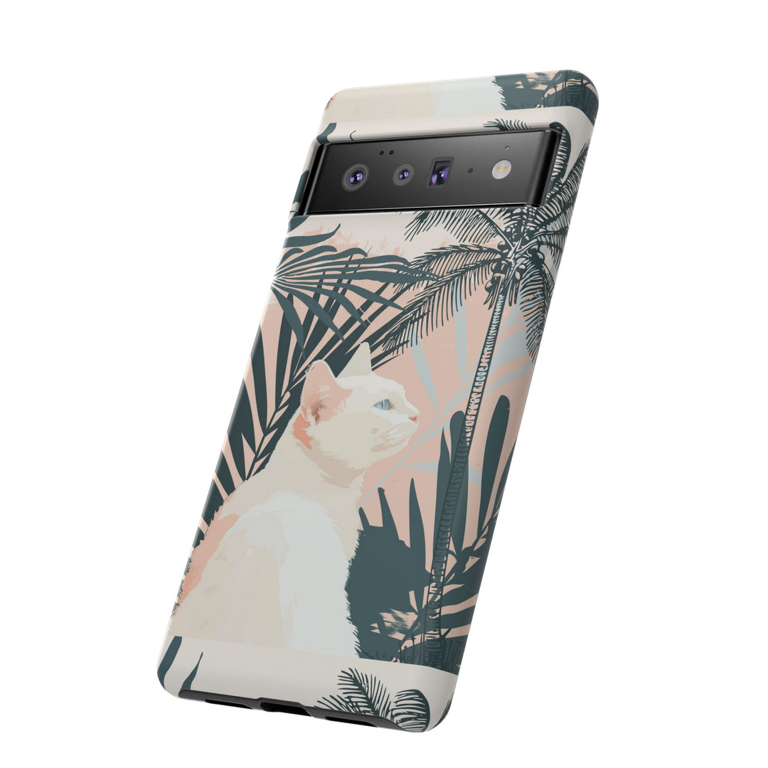 Tropische Katzen-Telefonhülle mit üppigen Palmenmotiven und sanften Pastelltönen