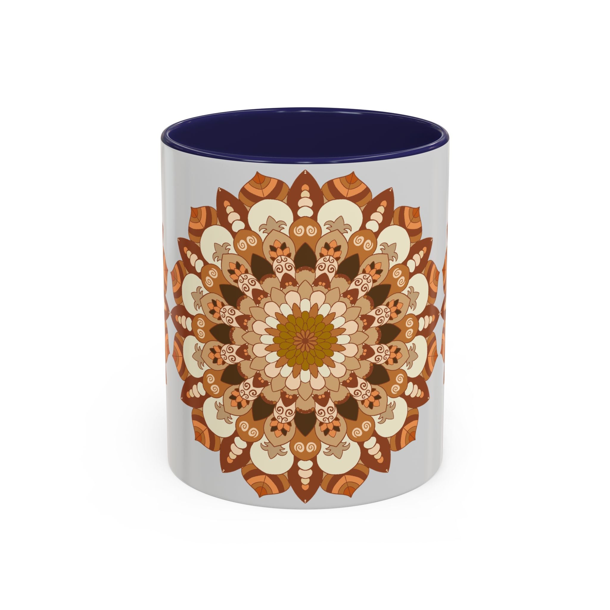 A close-up of a ceramic mug with a mandala art design on a light grey background, perfect for enjoying your favorite hot beverage