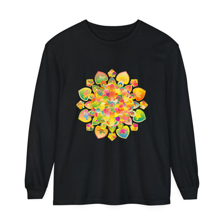 Colorful and intricate psychedelic mandala design printed on a long sleeve t-shirt