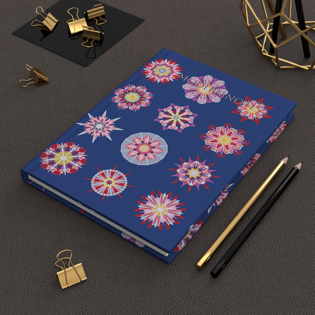 Hardcover Journal — Blue Geometric Mandala on Red (Nordic Chic)