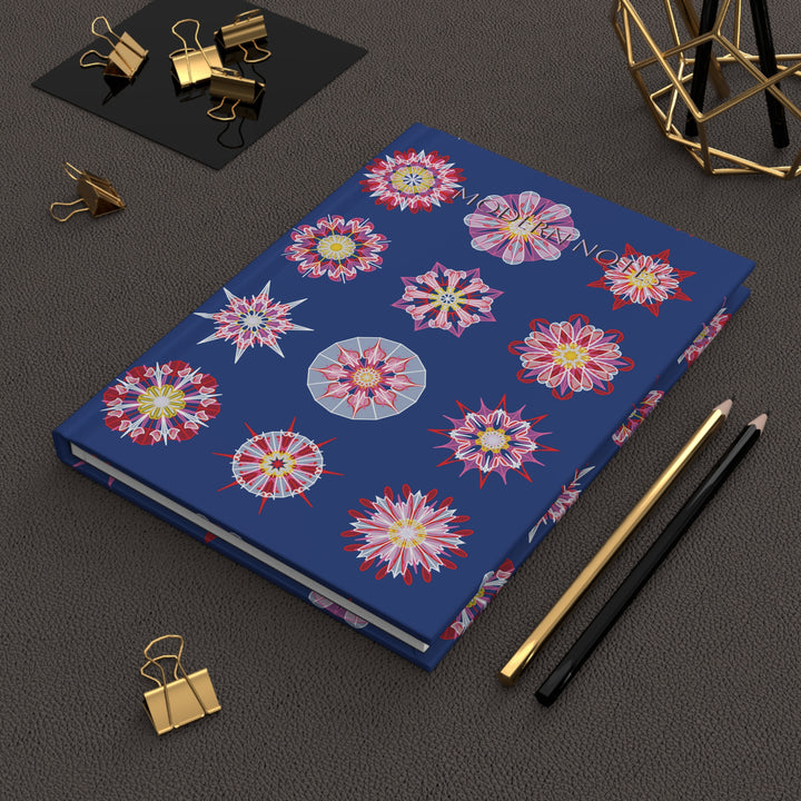 Hardcover Journal — Blue Geometric Mandala on Red (Nordic Chic)