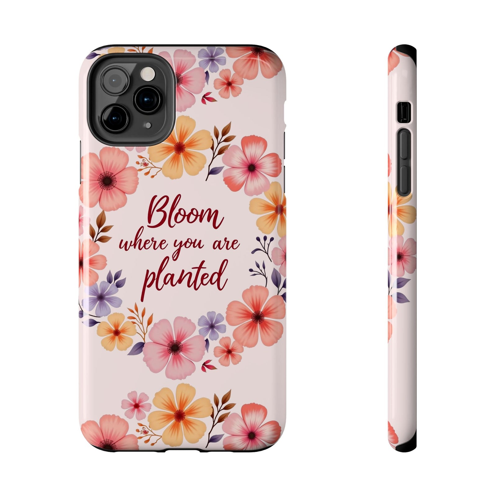 Light pink phone case with a beautiful flower garland design, bloom where you are planted