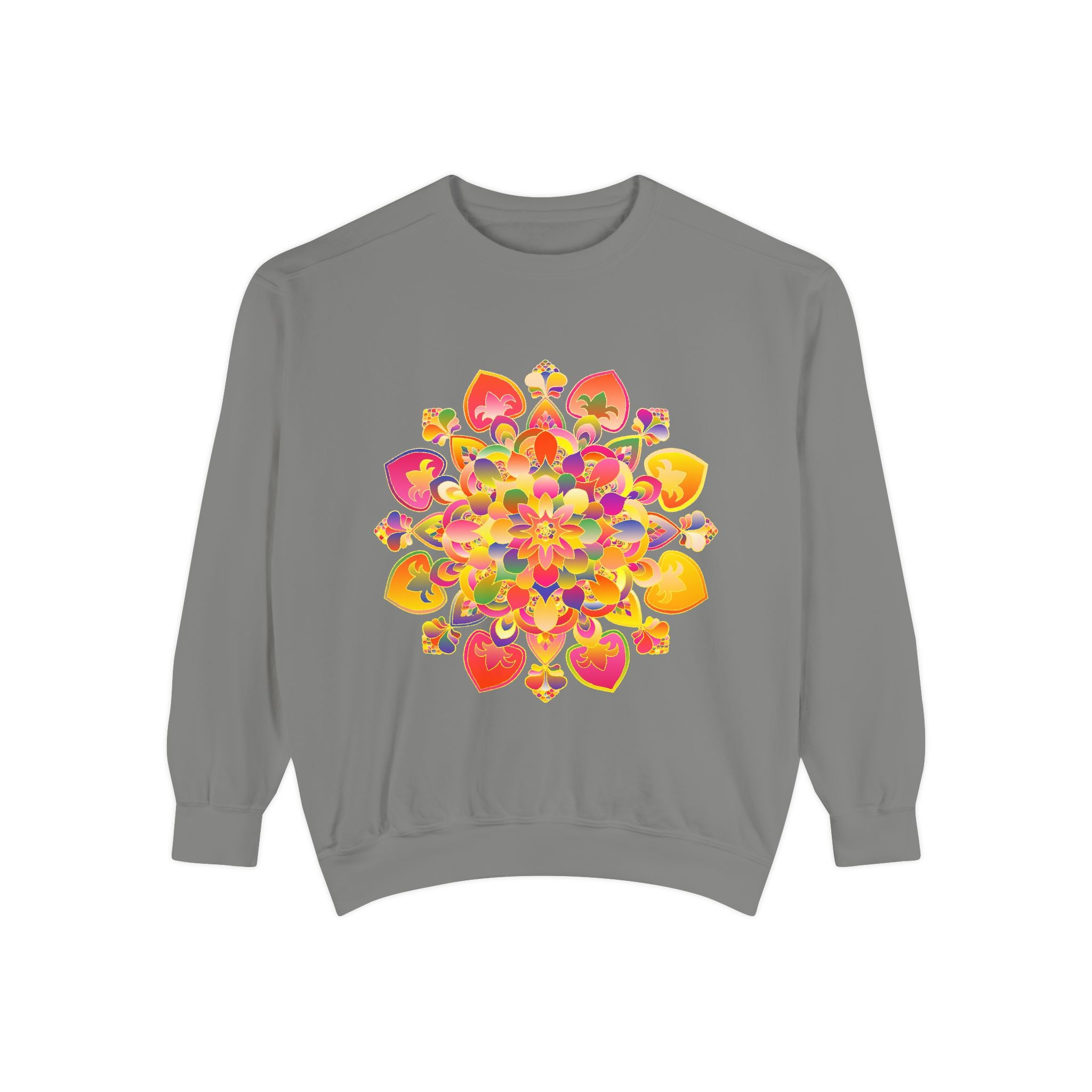 Colorful and detailed vibrant mandala sweatshirt with intricate patterns and bright hues, perfect for adding a pop of color to your wardrobe