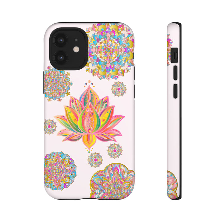 A stylish light pink phone case with a lotus flower mandala design