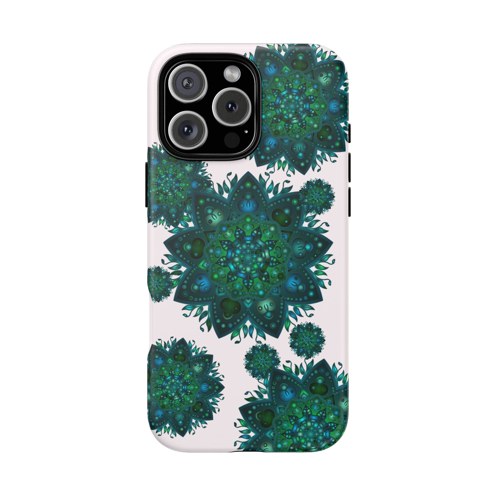 Beautiful light pink and green mandala phone case with a peaceful and intricate design