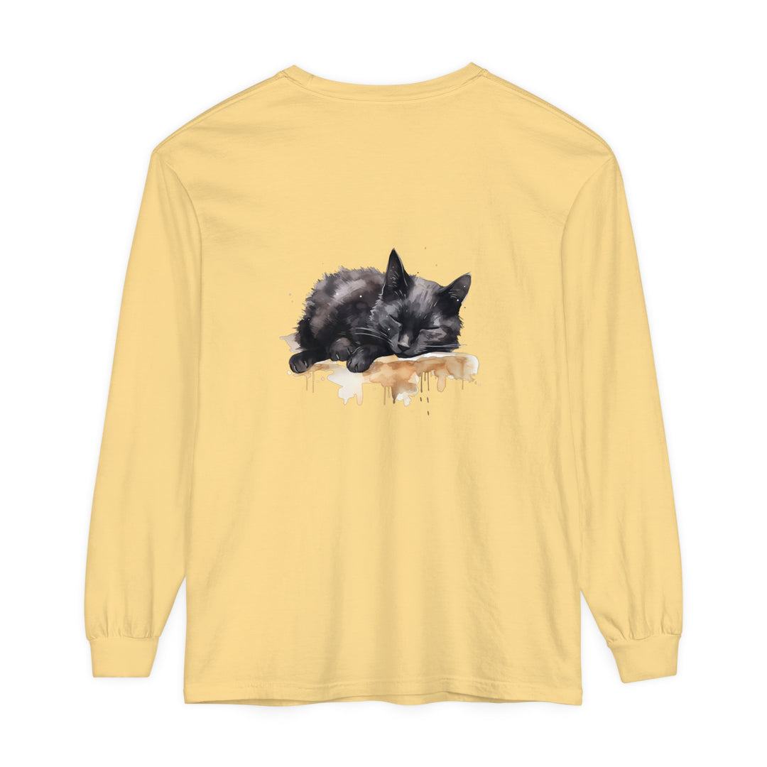 Casual and charming sleeping black cat watercolor t-shirt for everyday wear