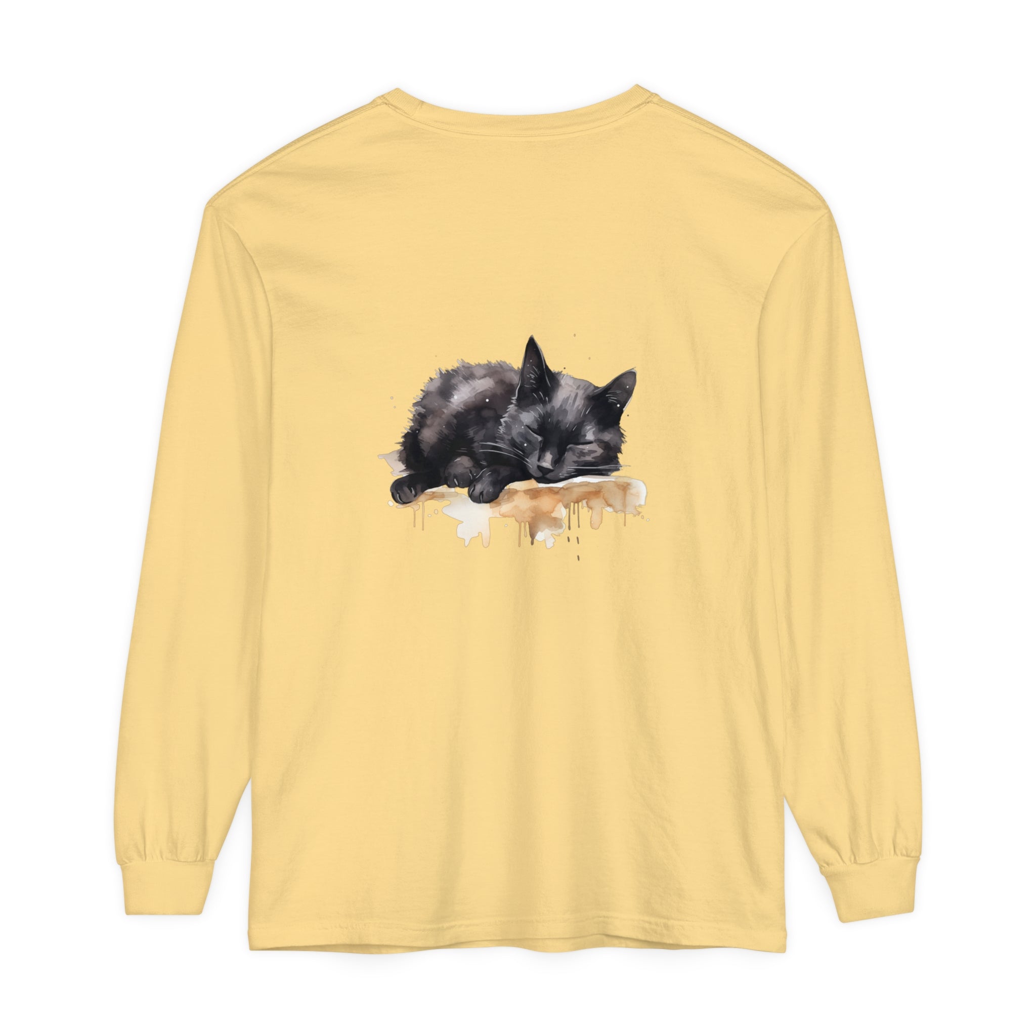 Casual and charming sleeping black cat watercolor t-shirt for everyday wear