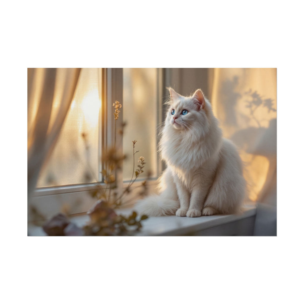 White cat sitting on a windowsill with sunlight streaming through the window