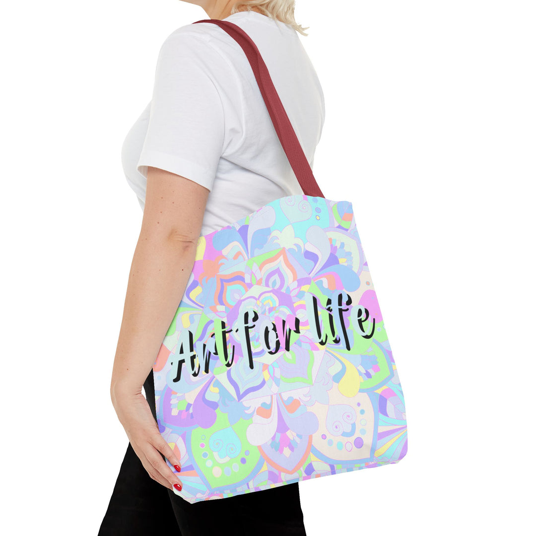 Colorful mandala tote bag with vibrant 'Art for Life' quote, perfect for carrying books, groceries, and everyday essentials in style