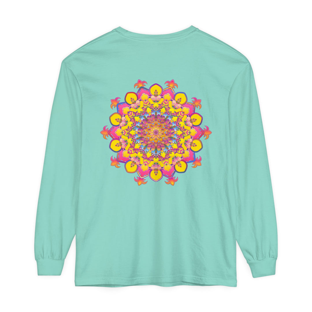 Colorful and intricate mandala design on a unisex long sleeve t-shirt