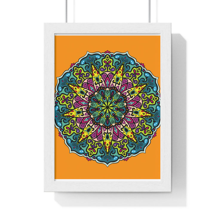 Hand-drawn orange mandala art poster in vertical frame for mindfulness practice