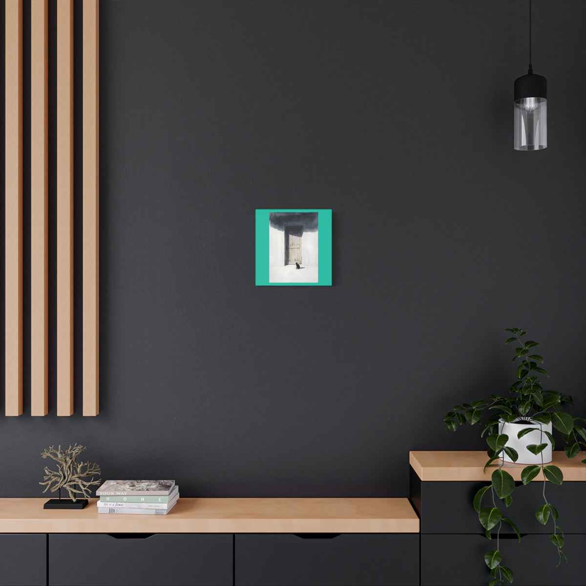 Cat at the Door Matte Canvas Wall Art — Moody Minimalist Cat Illustration
