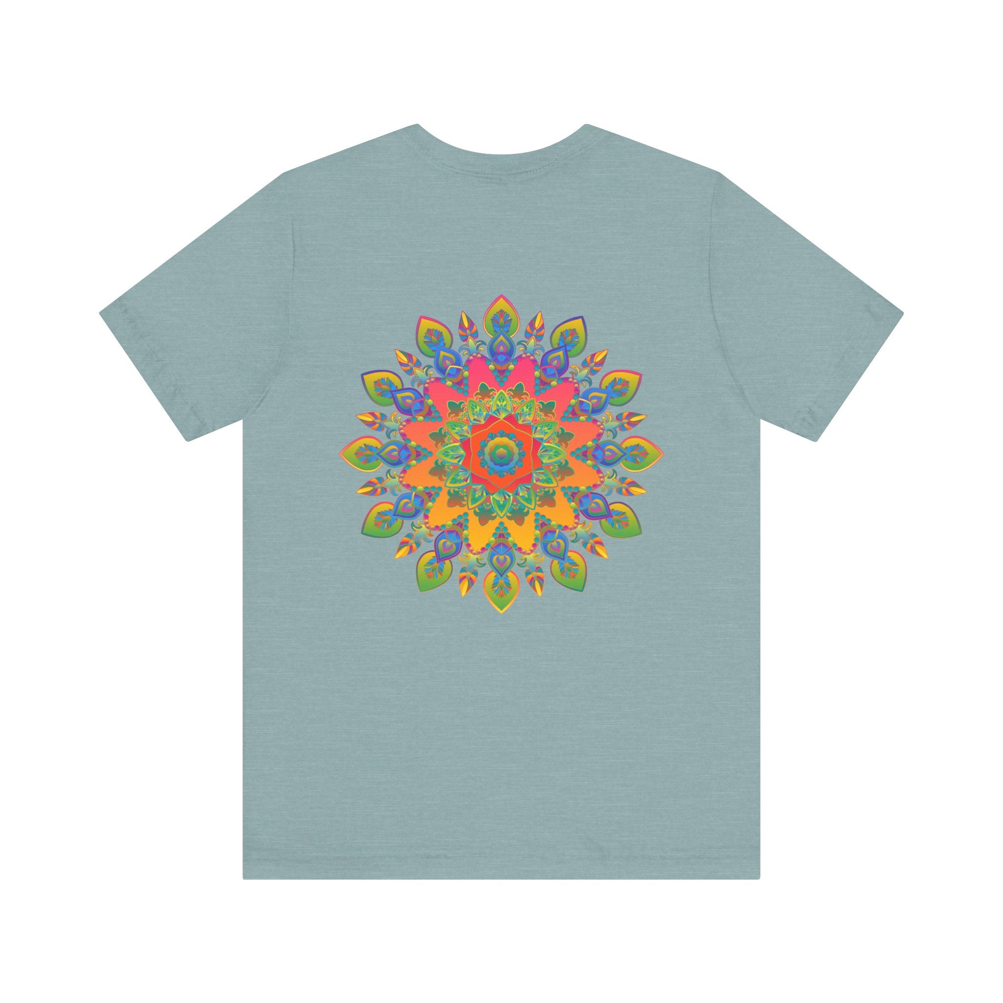 Colorful psychedelic mandala t-shirt featuring intricate spiritual design for inner peace and tranquility