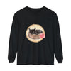 A watercolor illustration of a peaceful sleeping cat nestled in a bowl on a long sleeve t-shirt