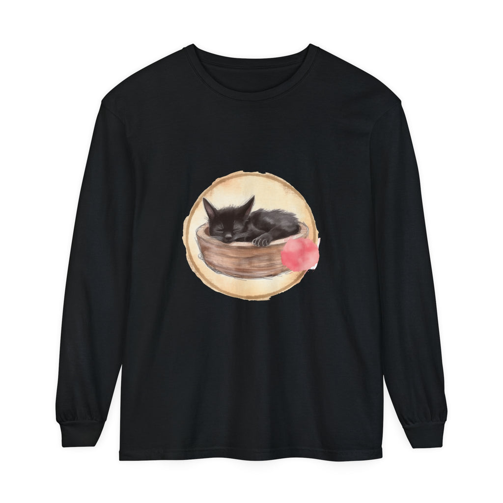 A watercolor illustration of a peaceful sleeping cat nestled in a bowl on a long sleeve t-shirt