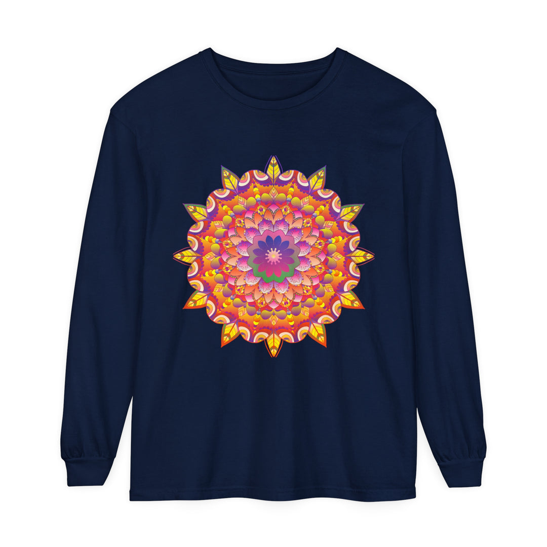 Colorful and intricate mandala design on a unisex long sleeve t-shirt