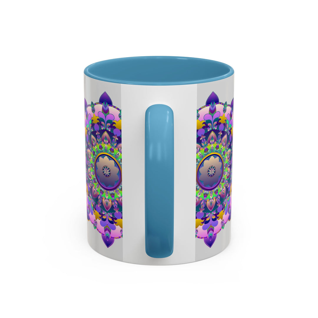 A vibrant and intricate mandala art mug with a colorful floral design