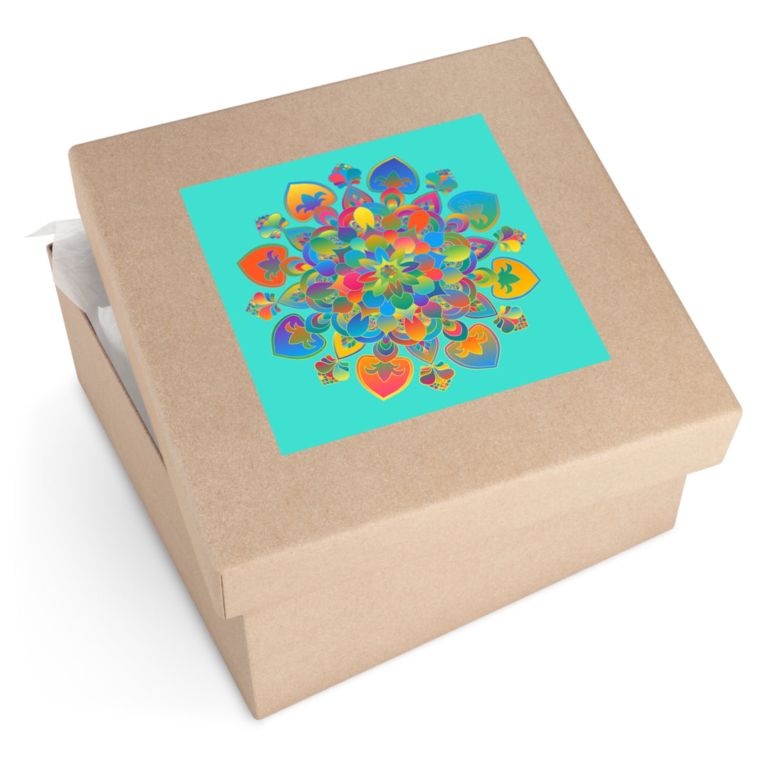 Hand-Drawn Mandala Laminate Stickers – Gold, Red, and Green on Turquoise