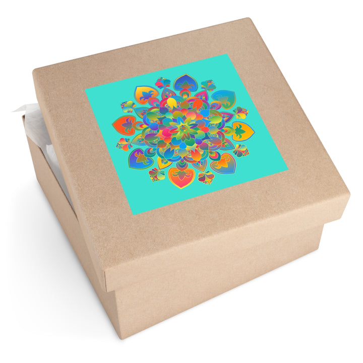 Hand-Drawn Mandala Laminate Stickers – Gold, Red, and Green on Turquoise