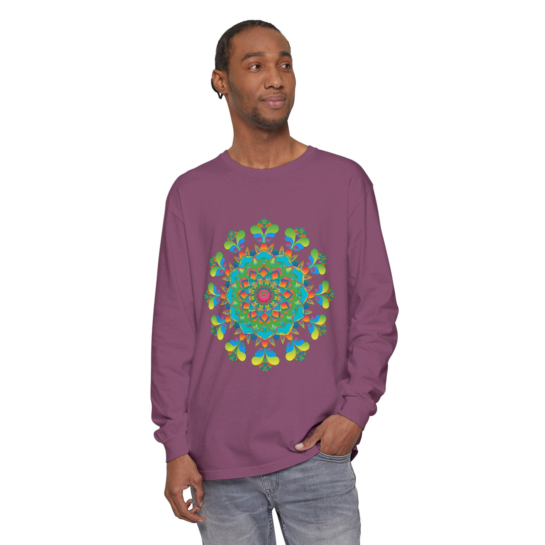 Colorful psychedelic mandala tie dye long sleeve t-shirt in vibrant hues