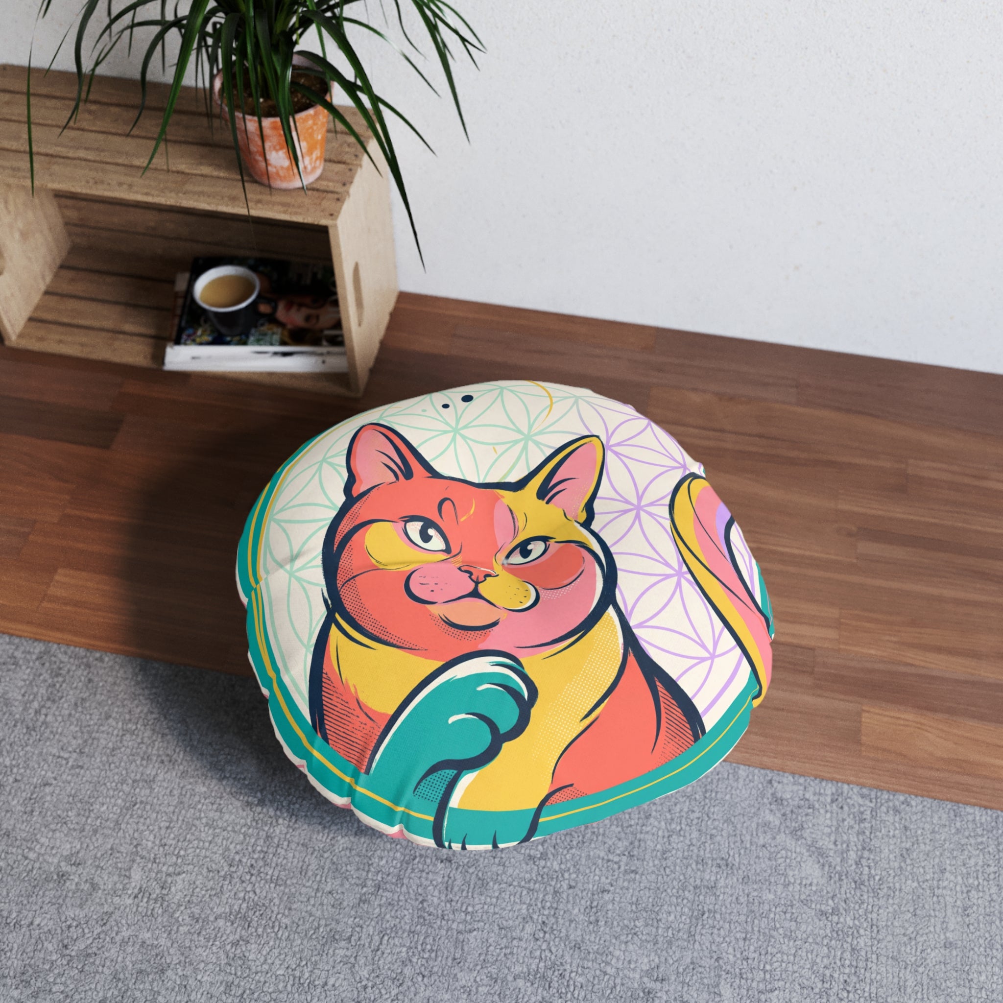 Rundes Bodenkissen mit Katzenmotiv und heiliger Geometrie