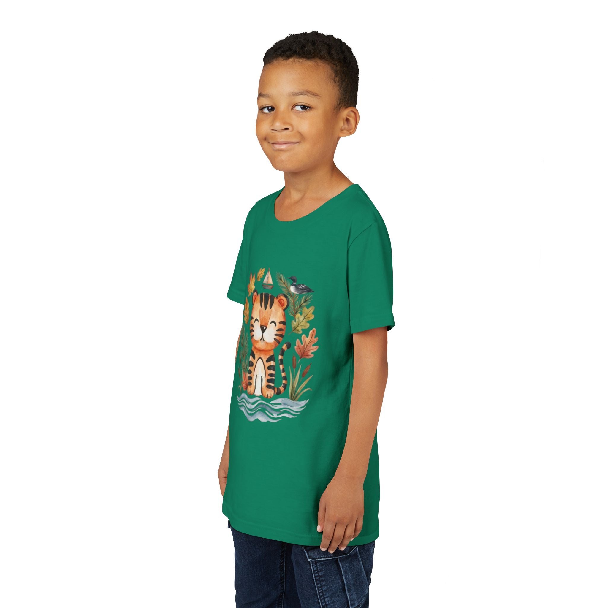 Kids Tiger Lake Ontario Tee — Watercolor Autumn Sailboat & Leaves Youth Short Sleeve Tee