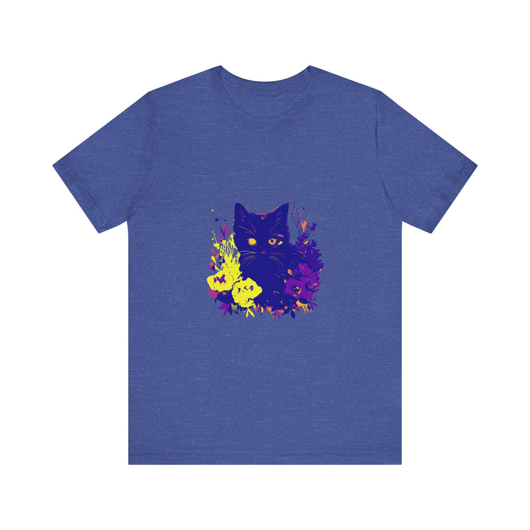 Black Cat Mystery Neon Flower T-Shirt, a vibrant and unique graphic tee featuring a striking neon flower design with a mysterious black cat silhouette