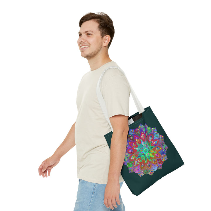 Dark green tote bag with intricate and vibrant mandala design