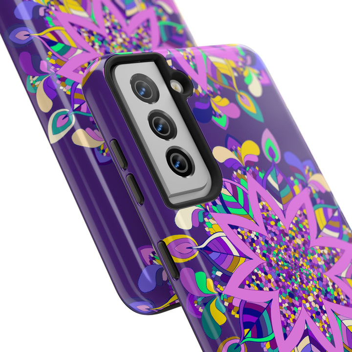 Hand drawn purple Mandala Art phone case, compatible with iPhone X and XS, showcasing intricate design and high-quality material