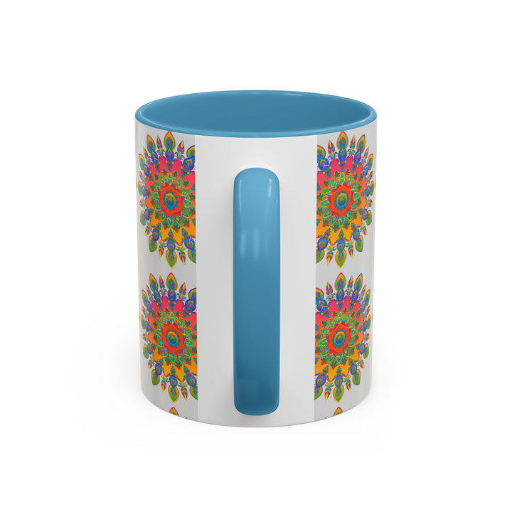 Colorful and intricate mandala pattern on a grey ceramic mug