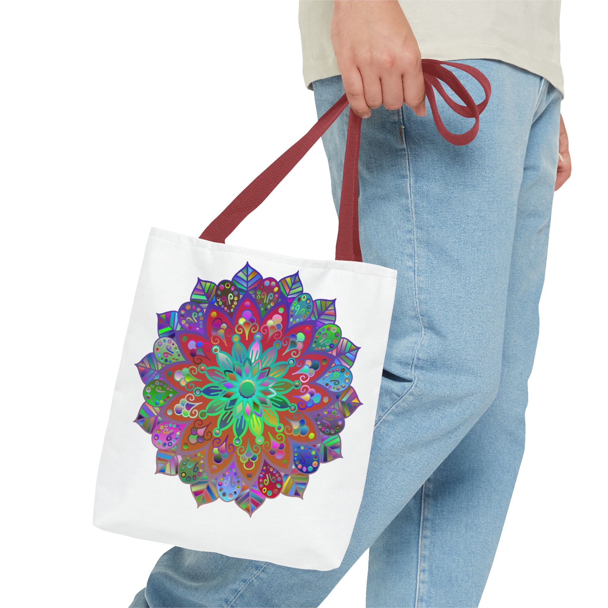 Vibrant and colorful AOP Mandala Tote Bag with intricate design